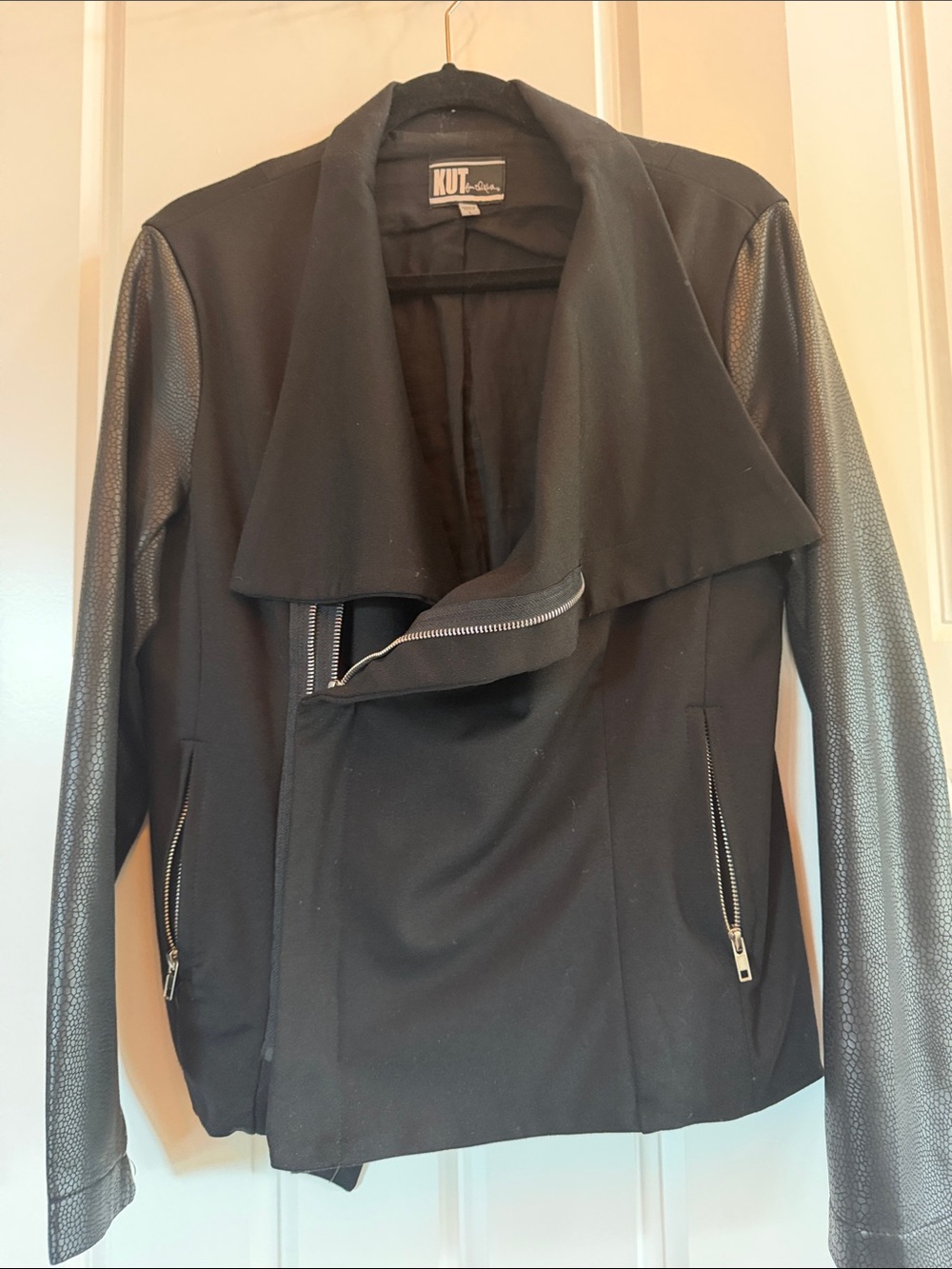 Kut from the Kloth Black Draped Jacket with Faux-Leather Sleeves